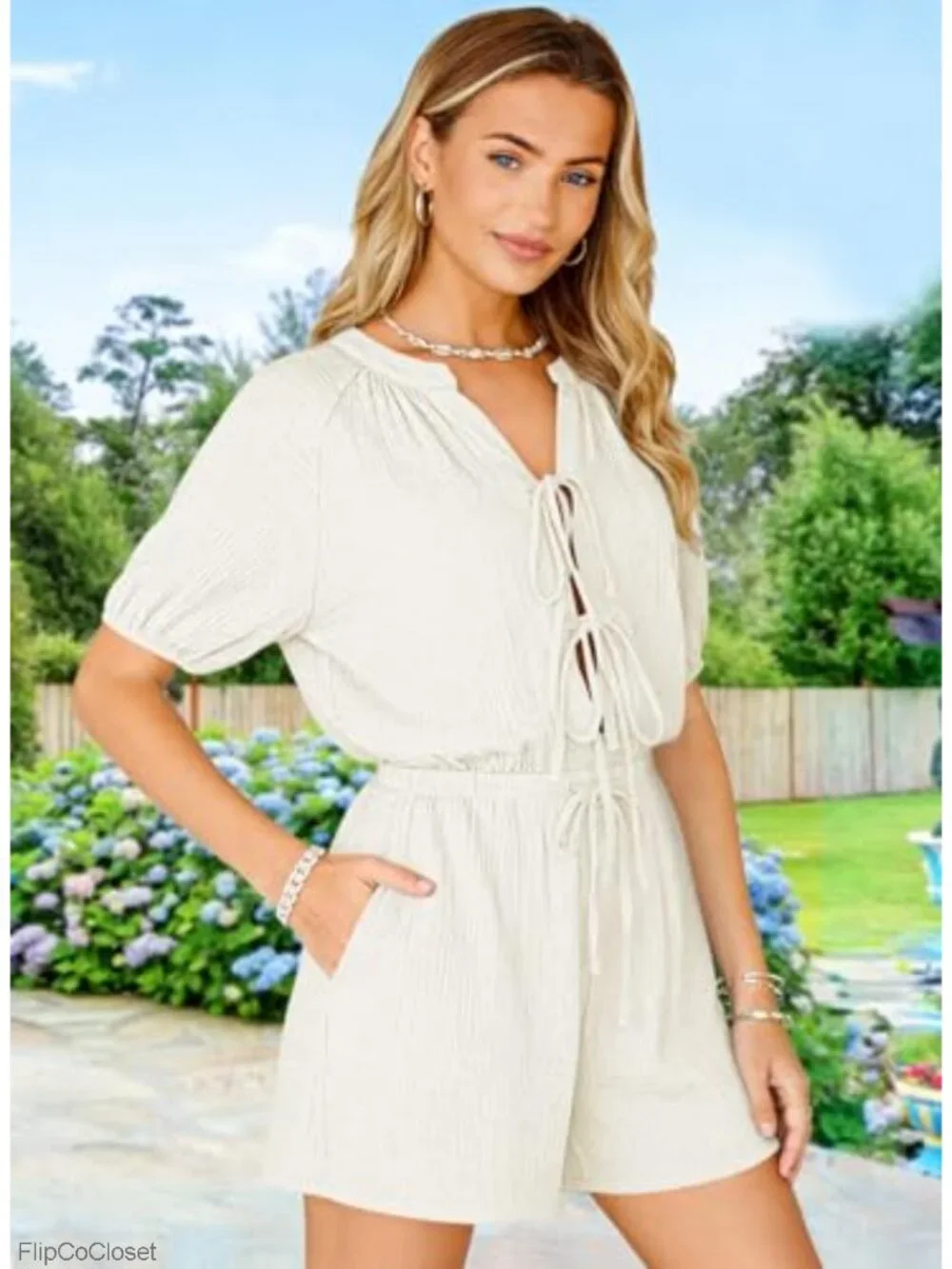 Women's Casual Romper Self Tie V Neck Short Sleeve Cotton Summer Jumpsuit